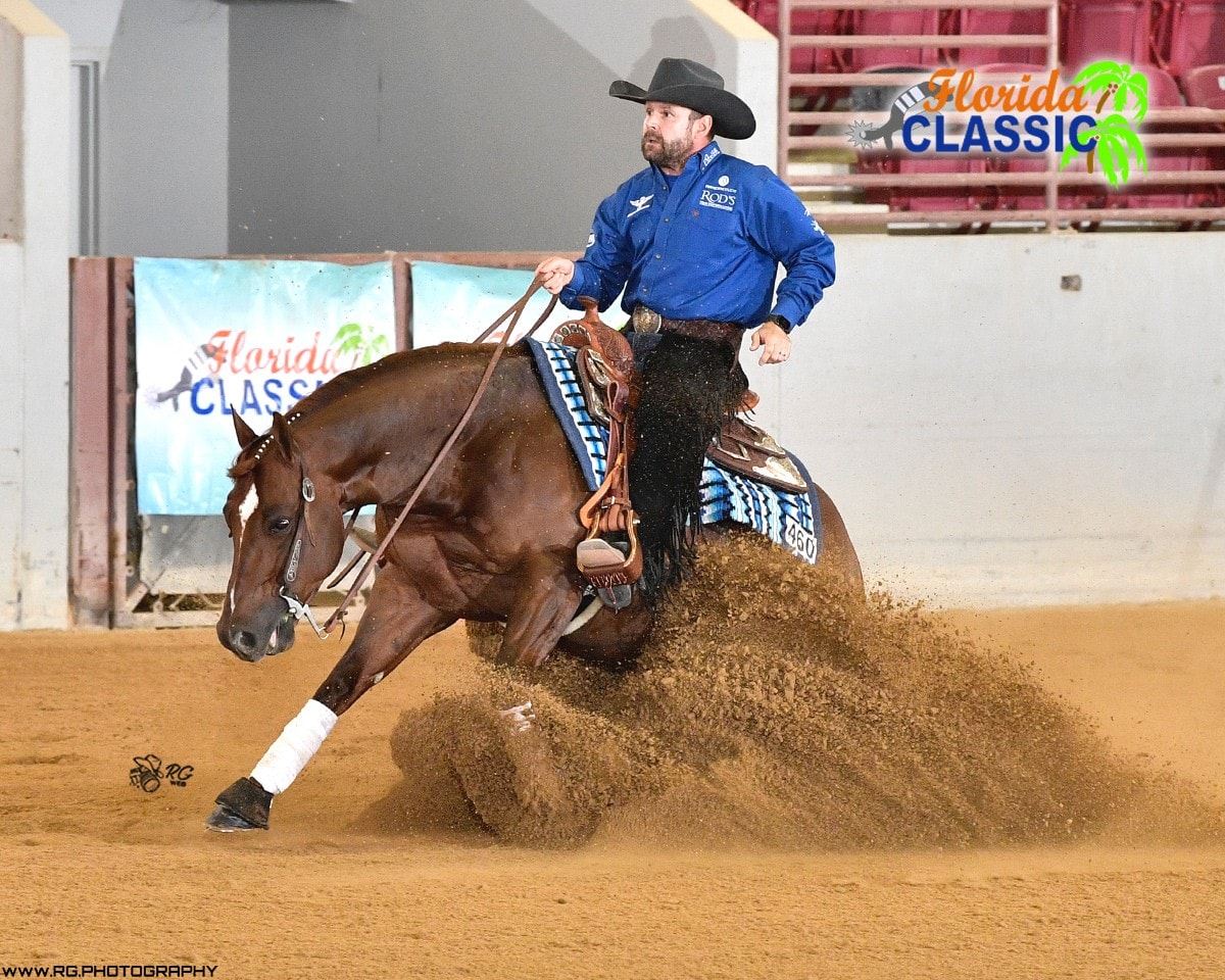 Robin Schoeller executing a sliding stop at the Florida Reining Classic